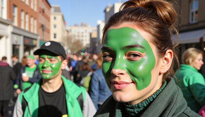 Smiling woman with green face paint at street festival, St. Patrick's Day
