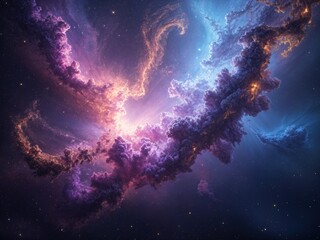 A cosmic-inspired abstract background featuring swirling patterns resembling a nebula. Rich purples, deep blues, and radiant gold highlights blend in a mesmerizing, smoky effect.