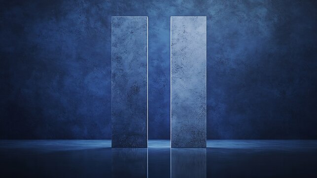 Moody blue light illuminates two tall concrete pillars reflecting softly. AI Generated