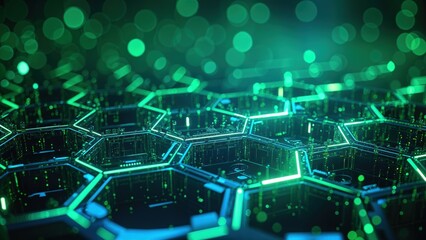 Obraz premium A tech-inspired abstract background featuring glowing binary streams of data cascading diagonally. Shades of neon green and blue dominate, with soft gradients fading into black.