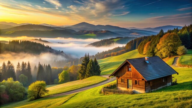 Czech Republic Alpine House Panoramic View Klet Mountain Morning Fog Valley Landscape Photography