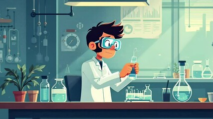 Animated scientist in lab, exploring possibilities, conveying curiosity and innovation suitable for educational content and science posters - Powered by Adobe