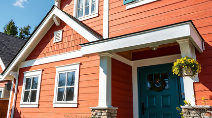 Obraz premium Orange House Exterior: Modern Home Design and Architecture. View the stunning facade, wood siding, and charming entrance. Perfect for real estate and home design inspiration.
