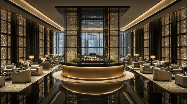 A stylish, empty lounge with comfortable seating, a polished bar, and modern decor, all depicted in a detailed 3D illustration that conveys sophistication and comfort.