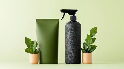 Eco-Friendly Beauty and Cleaning Products on Green Background