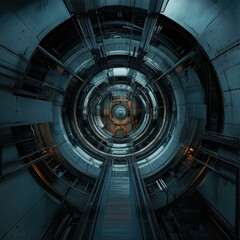 Fototapeta premium Spiral Staircase Leading to the Sky in a Dark Tunnel with Abstract Architectural Elements