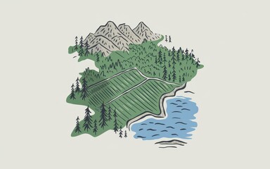 Stylized Landscape Illustration Featuring Mountains Forest and Lake