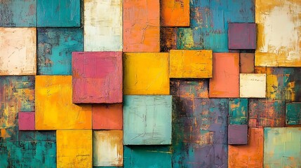 Vibrant colored squares overlap playfully creating a rich textured abstract wall. AI Generated