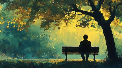A person sitting alone on a bench in a park, with a distant and reflective expression 