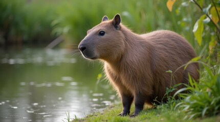Observing Nature: A Capybara by the Serene Lake Surrounded by Lush Greenery