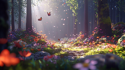 Sunlit forest path with colorful flowers and butterflies.