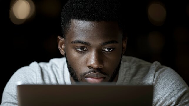 Close-up of a man writing with a pencil in a notebook, his expression serious and focused, with a laptop nearby on a wooden desk, enhancing the productivity vibe.