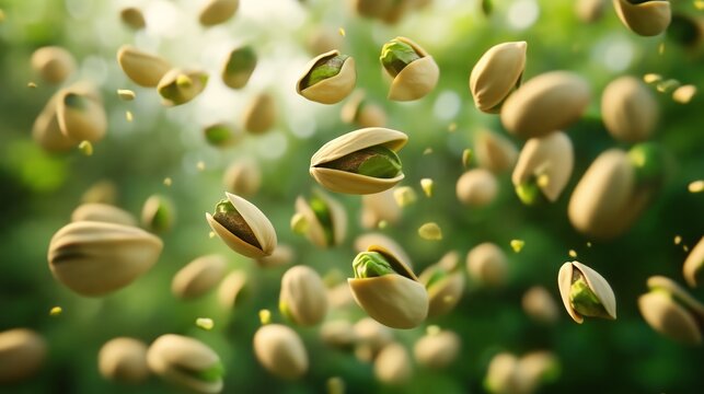 pistachios in midair, highlighting their organic, healthful qualities. For snack branding or health food ads, the close-up brings out the brilliant green nuts and cracked shells