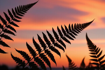 Silhouettes of fern leaves against a sky painted with the warm hues of sunset.