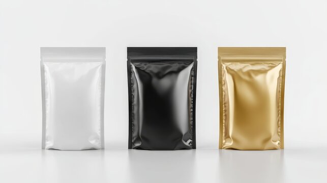 Foil bag with clear window, doypack for food isolated on transparent background. Vector realistic mockup of closed black, white and gold pouches, flex package for snack, candies, tea or coffee