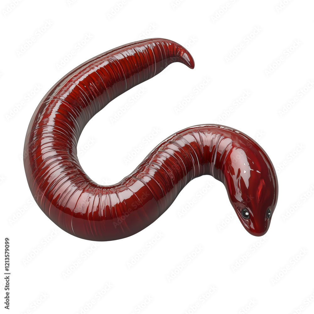 Poster a detailed close up image showcases a vibrant red ribbon worm against a stark white backdrop.
