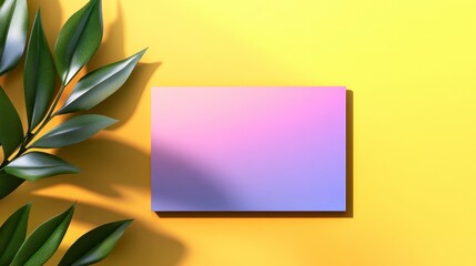Colorful Blank Card on Bright Yellow Background with Green Leaves