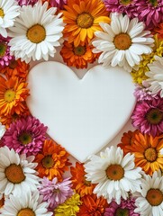 Fototapeta premium A Heart of Flowers: A delicate white heart shape rests nestled within a vibrant frame of blooming daisies and chrysanthemums, evoking a sense of love, joy, and beauty. 