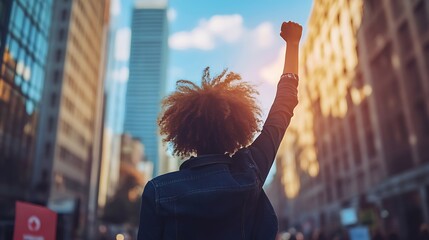 A woman raising her fist in the air during a peaceful protest for gender equality 