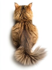 Adorable Fluffy Long-Haired Cat Sitting on White Background High Angle Close Up View