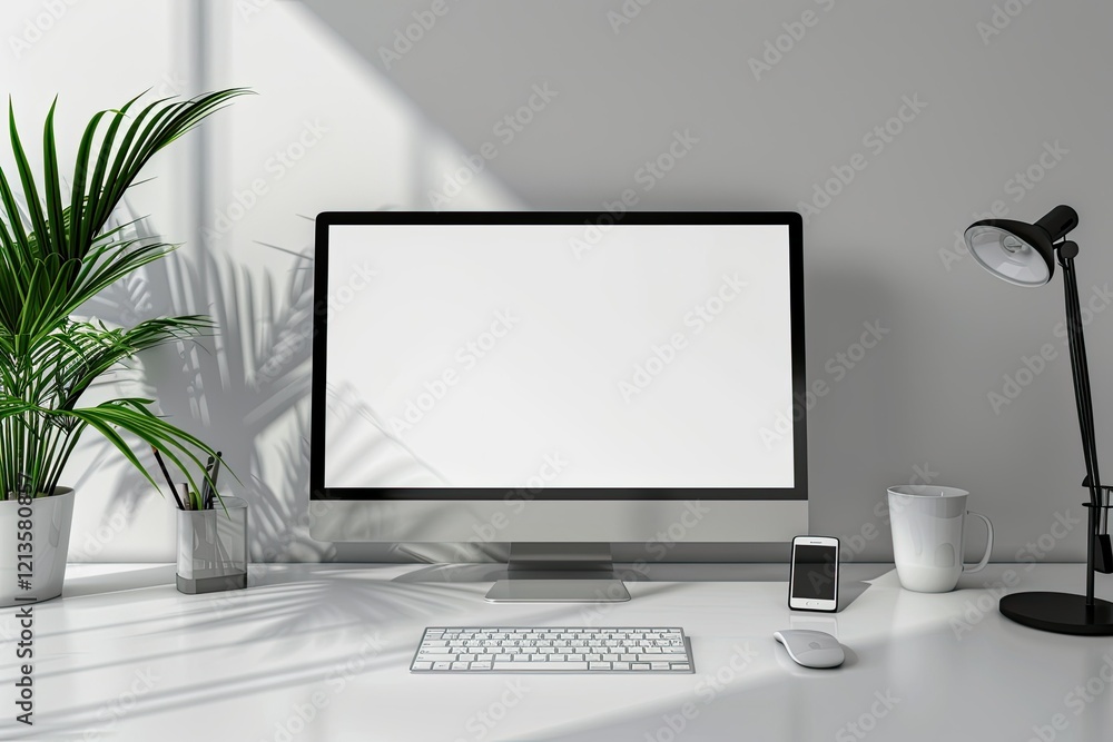 Poster flawless picture of workspace with computer mockup