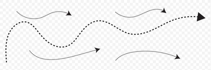 Dotted Lines Arrow, hand-drawn doddle arrow set. Curved dotted lines, dashed lines set. dotted doodle arrows, isolated, split lines. eps 10.