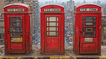 Fototapeta premium Three weathered red telephone booths overlook a city