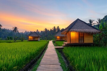 Obraz premium Wooden walkway leading to bamboo hut in lush green rice field landscape