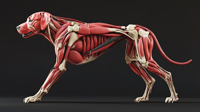 Generate an image of a dogs muscular and skeletal system, showing the strong muscles of the legs and body, and how they help in activities like running, jumping, and playing
