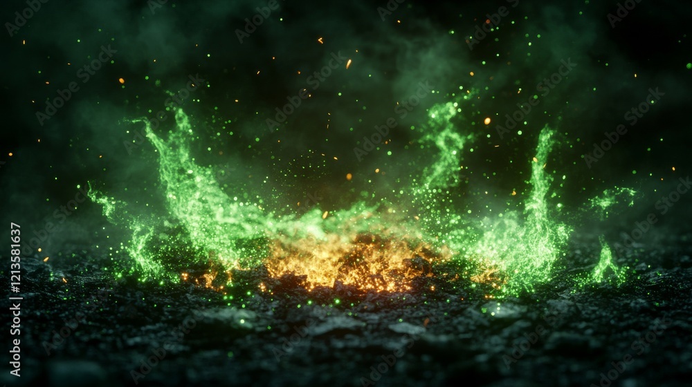 Poster green fire effect overlay with ember and smoke realistic background. flying spark light particle in 