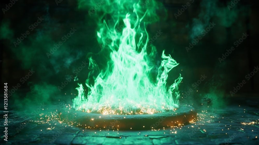 Poster green fire effect overlay with ember and smoke realistic background. flying spark light particle in 