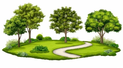 Fototapeta premium Tranquil Green Landscape with Winding Path and Lush Trees: An Idyllic Nature Illustration
