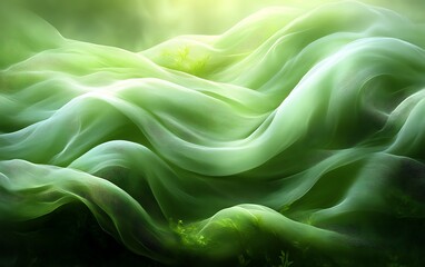 Fototapeta premium Flowing green fabric over plants.