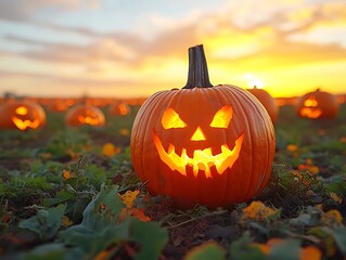 Lit jack-o'-lantern in pumpkin patch at sunset.