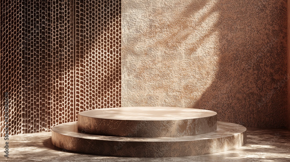 Poster sleek minimalist 3d podium in empty space surrounded by textured walls