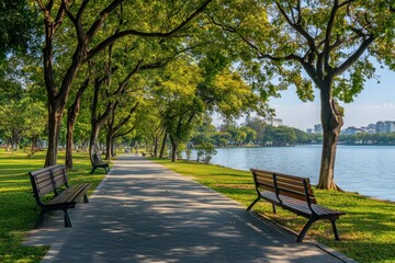 Lakeside park path, shaded benches, city skyline, tranquil morning stroll
