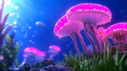 Vibrant Glowing Mushrooms in Underwater Fantasy Landscape Scene
