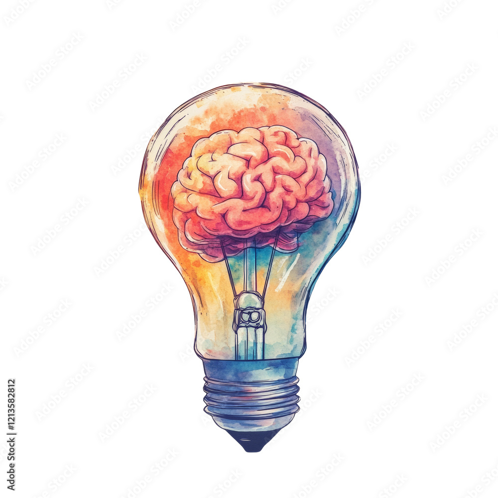 Poster An artistic watercolor rendering depicts a human brain contained within a brightly lit lightbulb symbolizing ideas and intelligence.
