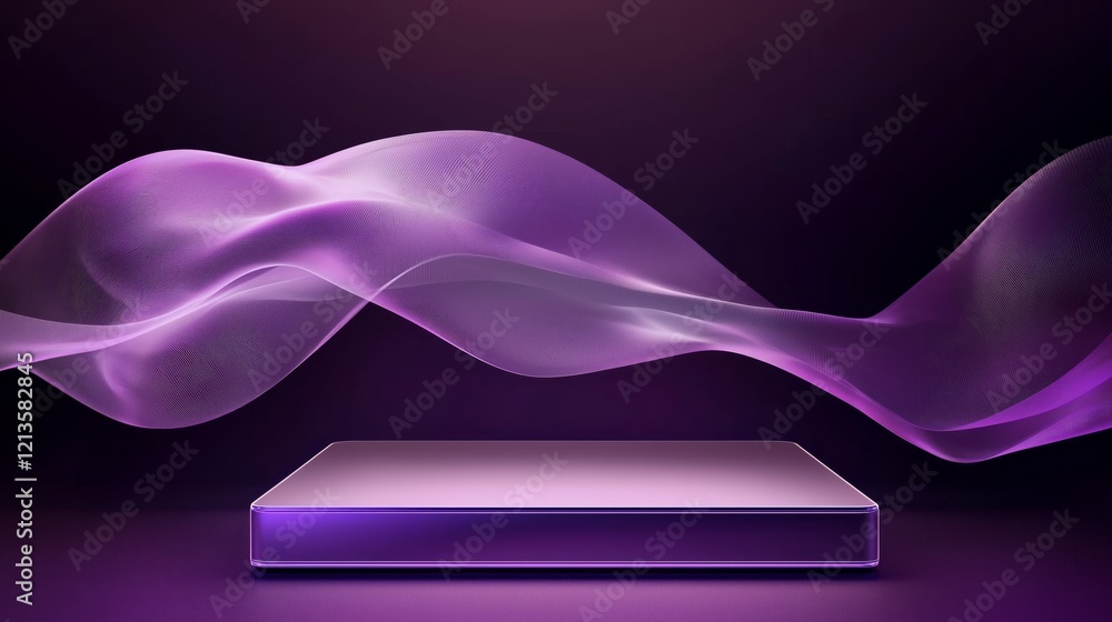Poster sleek 3d podium in a large empty area with flowing purple elements