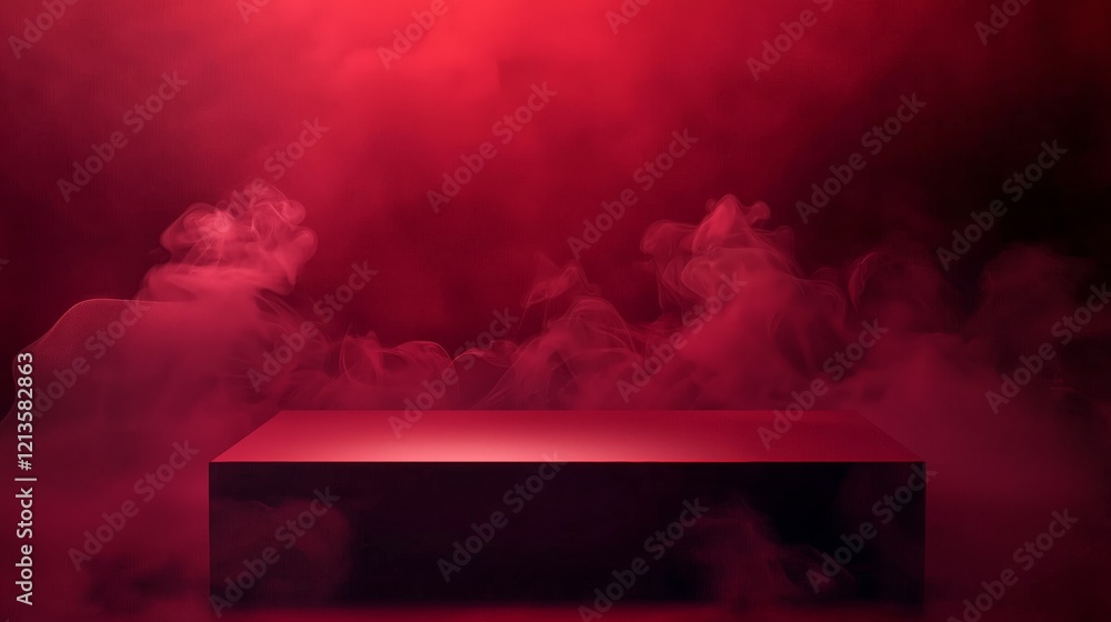 Poster sleek 3d podium in a large empty area with red smoke surrounding it