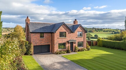 Suburban house, residential cottage, real estate countryside building red brick exterior. Two storey dwelling place with garage. Home facade with green lawn in front yard. Cartoon vector illustration