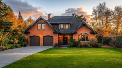 Obraz premium Suburban house, residential cottage, real estate countryside building red brick exterior. Two storey dwelling place with garage. Home facade with green lawn in front yard. Cartoon vector illustration