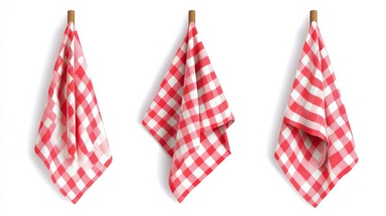 Fototapeta premium Set of red checkered towels folded, hanging and top view isolated on white background. Realistic vector illustration of napkin, cozy kitchen interior design element, home textile for domestic use