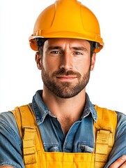 Confident Construction Worker Portrait:  Serious Male in Yellow Hard Hat and Overalls