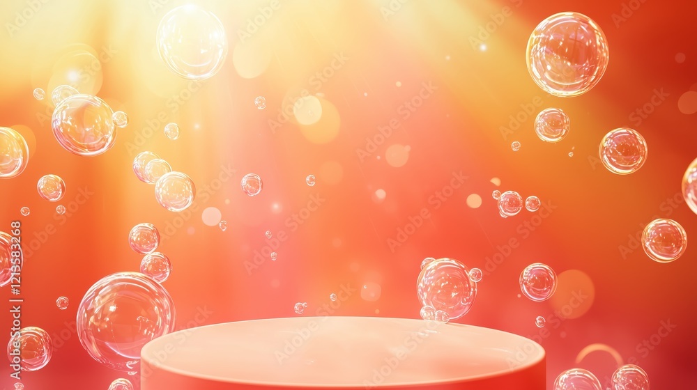 Poster modern 3d podium in an empty space surrounded by glowing bubbles