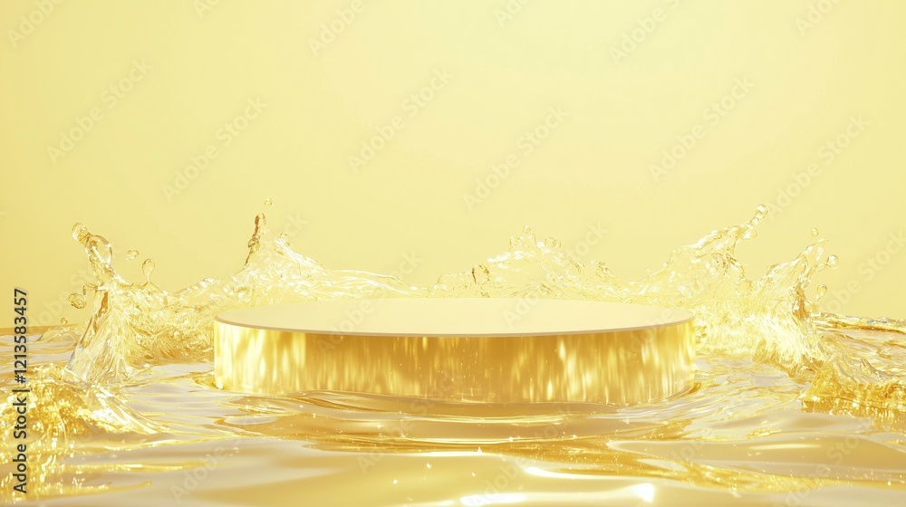 Poster modern 3d podium surrounded by ample empty space in golden water reflection