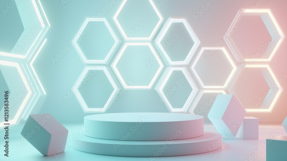 Poster modern 3d podium surrounded by ample empty space with hexagon accents