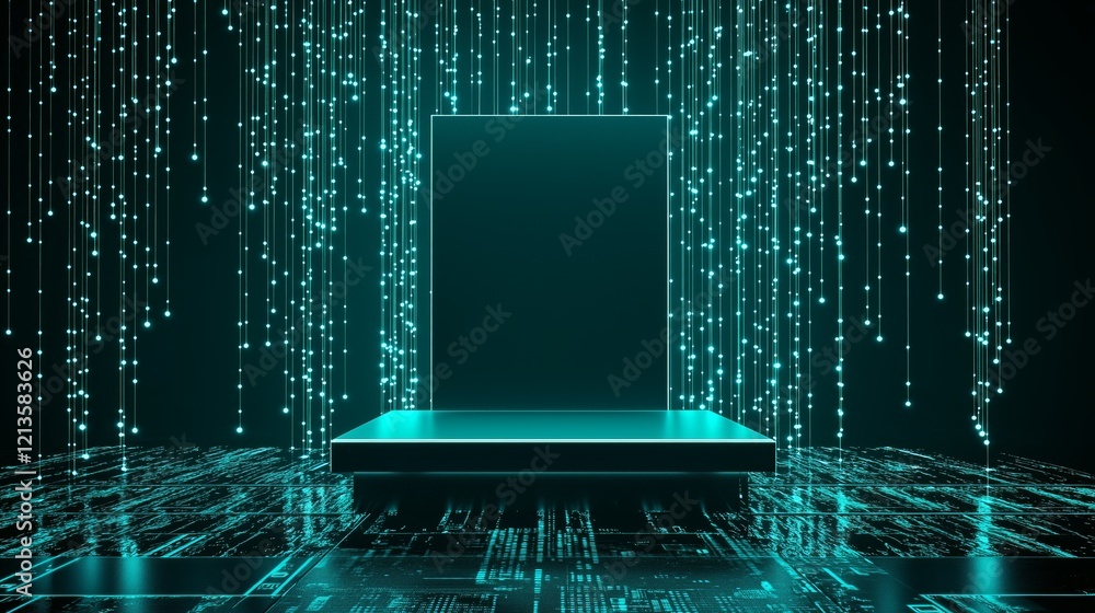 Poster modern 3d podium with ample empty space surrounded by dynamic lights