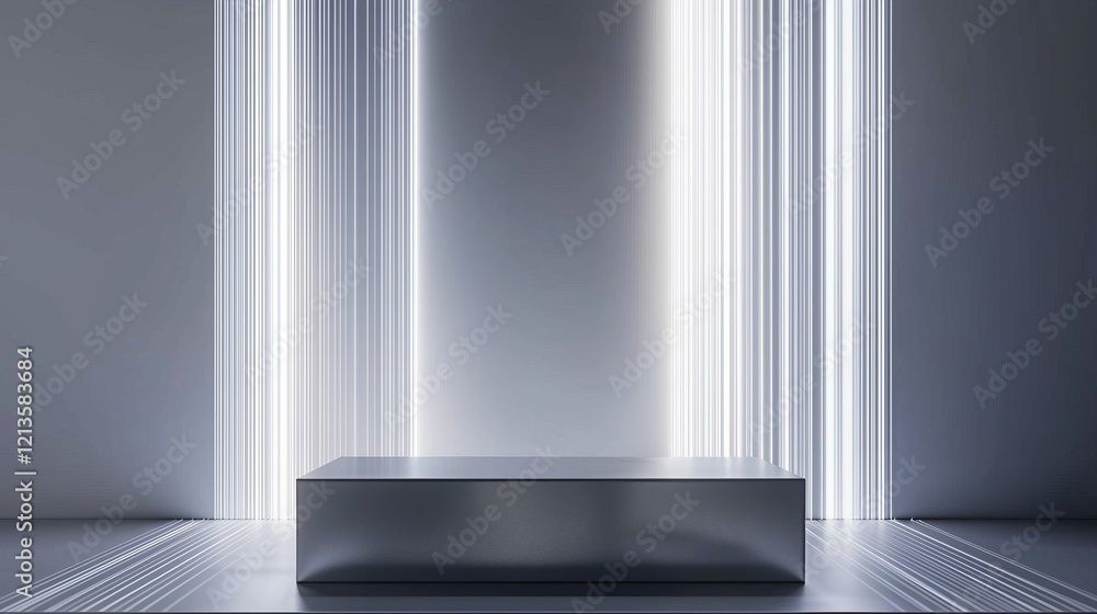 Poster minimalist 3d podium design in a large empty space with light stripes