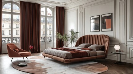 Luxurious bedroom interior design with large bed, armchair, and city view.